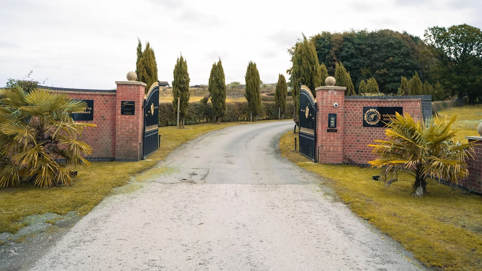 Open black gates on brick posts with a gravel driveway winding through cypress trees